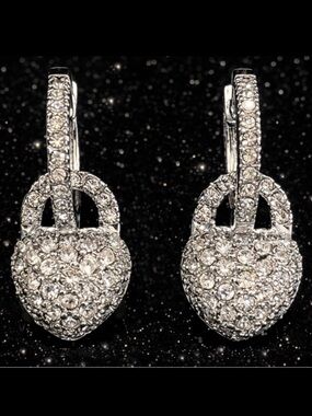 Suzanne Somers vintage CZ pave set dangle drop heart charm hoop earrings silver
